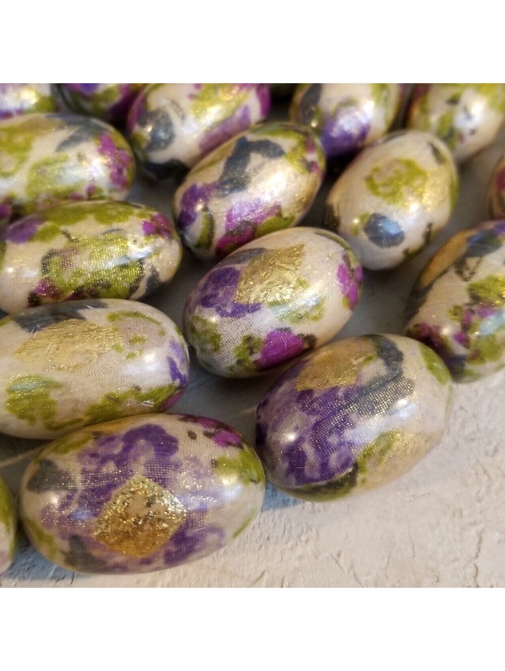 Handcrafted Purple Green Gold Vintage Decoupage 32x22mm Wood Focal Beads 2 pcs